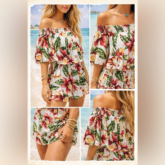 EUC Show Me Your Mumu Rosarita Romper XS Aloha Bloom Tropical Off Shoulder Boho - Picture 2 of 16